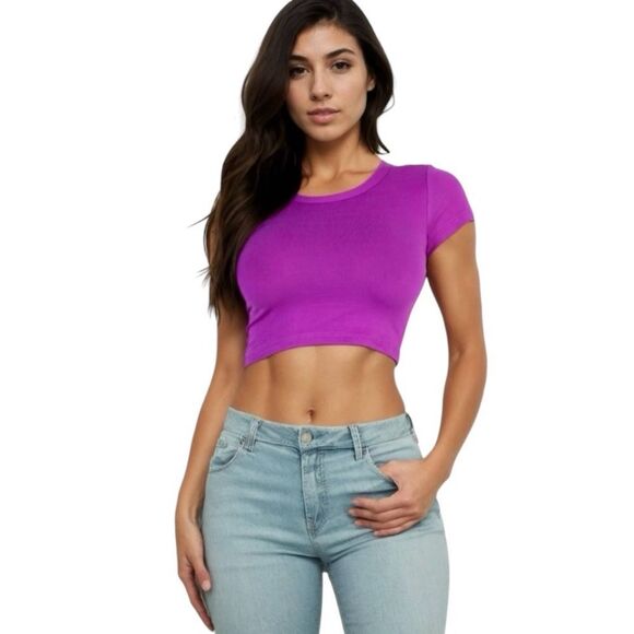 Women's Short Sleeve Roundneck Crop Top: Dahlia (Purple) - Picture 1 of 4